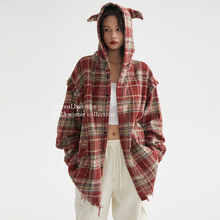 surreal超然象外 【ZB1章昊同款】小恶魔连帽流苏边夹克格子外套