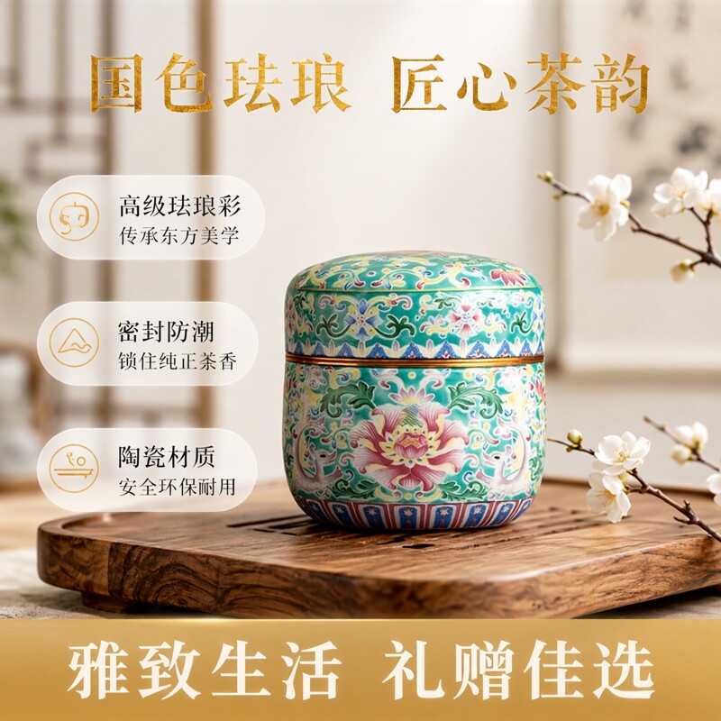 珐琅彩陶瓷茶叶罐花茶干果虫草密封罐家用储物罐旅行便携茶罐