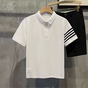 男士夏季四杠条纹修身短袖POLO衫