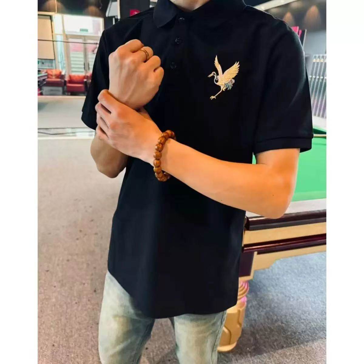 仙鹤刺绣polo衫2025新款男士短袖潮牌翻领T恤带领上衣夏季男装