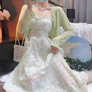 连衣裙套装 新款 温柔风碎花中长款 女夏季 甜美吊带裙子 薄款 防晒开衫