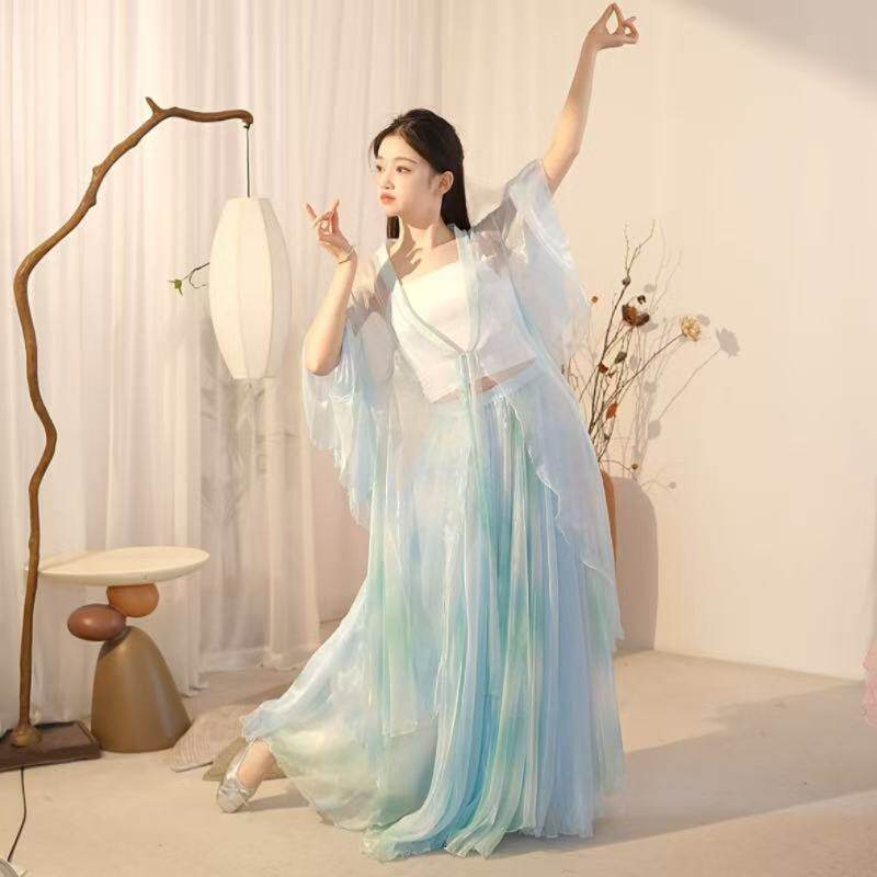 古典舞服蓝色纱衣大摆裙女仙气飘逸演出服渐变开衫氧气感