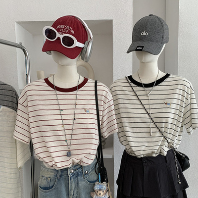 欧玛莱 小狗刺绣撞色条纹雪花棉短袖T恤薄款宽松半袖上衣批发6825