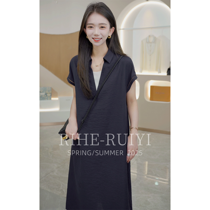 R H 黑色T恤真丝连衣裙女夏季新款小个子休闲桑蚕丝短袖polo裙子