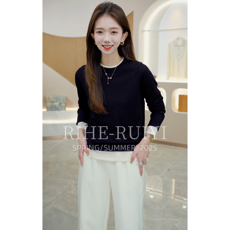 R H 【假两件】258960款140s扬子纱精纺羊毛拼色假两件套头毛衣