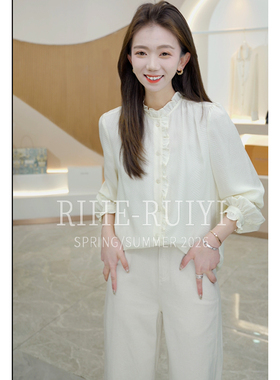 RH【提花冠乐绉】春新款复古木耳边小立领长袖桑蚕丝衬衫AS26935
