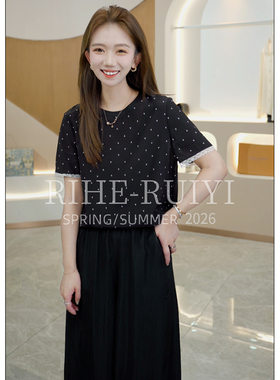 RH【星芒T】RH1199新款气质显瘦袖口拼蕾丝印花双绉桑蚕丝短袖T恤