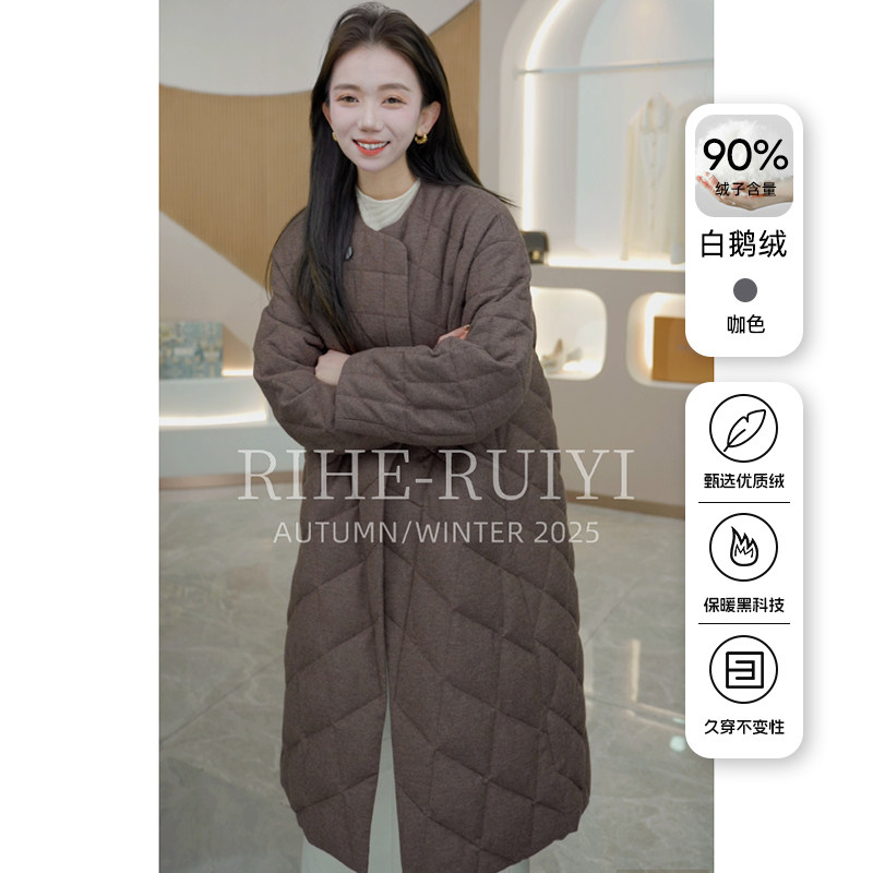 R H 羊毛混纺面料白鹅绒羽绒服女士2025冬季新品长款气质外套0539