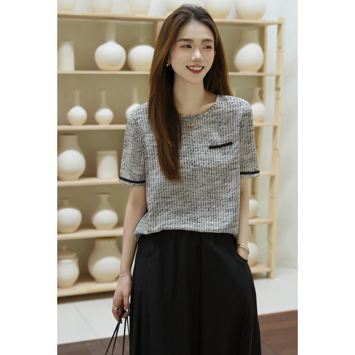 R H 夏季薄款宽松真丝双绉短袖上衣女2026年新款高端桑蚕丝T恤衫