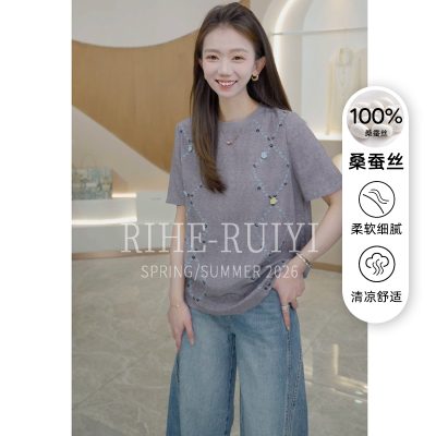 R H 【五瓣花】春夏时尚气质显瘦休闲设计感桑蚕丝短袖T恤7415