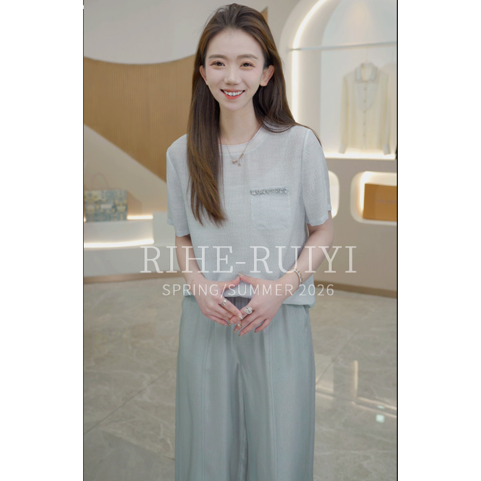 RH【雾蓝】RH805春夏新款复古气质显瘦细条纹印花珍珠绉桑蚕丝T恤