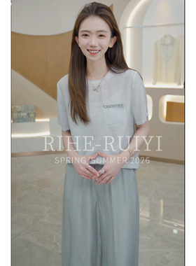 RH【雾蓝】RH805春夏新款复古气质显瘦细条纹印花珍珠绉桑蚕丝T恤