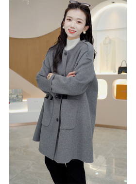 R H 【慵懒时光】圆领肩章休闲设计师款双面羊毛大衣93072