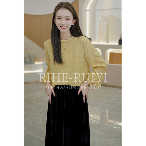 RH【流光】质感浮雕肌理方块冠乐绉木耳领桑蚕丝长袖衬衫RH1238