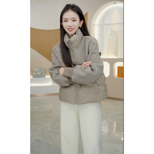 R H 复古羊毛拼接羽绒服女2024冬季新款小个子短款立领白鸭绒外套