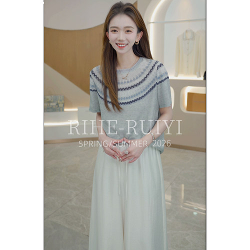 RH【海岸线T】RH887春夏新款显瘦定位印花双绉桑蚕丝短袖T恤