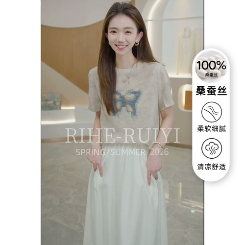 RH【幽兰蝴蝶】1777春夏新款气质显瘦珍珠绉桑蚕丝印花短袖T恤