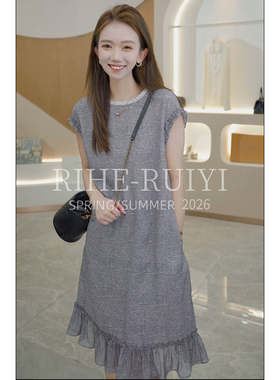 RH【织纹小细格】7757新款复古质感显瘦钉珠肌理感横条绉连衣裙