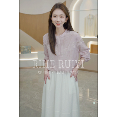 RH【蕾丝粉条纹】RH722新款显瘦拼接重工刺绣蕾丝双绉桑蚕丝衬衫