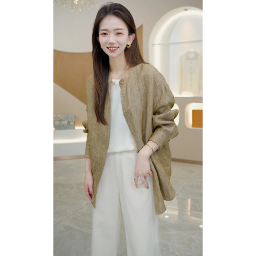 R H 2026新款设计感小众休闲时尚洋气立领亚麻衬衫S3939