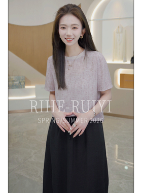 RH【草莓奶昔】2495春夏新款气质显瘦圆领印染双绉桑蚕丝短袖T恤