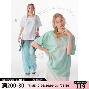 T恤女 ziziFei夏季 美式 复古纯色基础字母印花V领宽松大版 上衣短袖