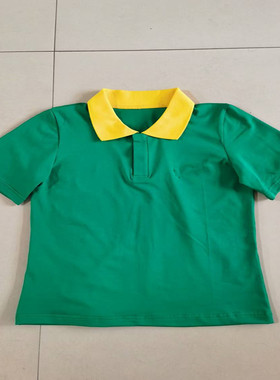 中小学生新款夏季薄款绿色拼接黄色翻领宽松校服班服短袖可定做·