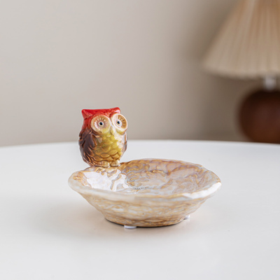 创意可爱的猫头鹰陶瓷碟装饰坚果盘钥匙盆肥皂盒烟灰缸桌面摆件