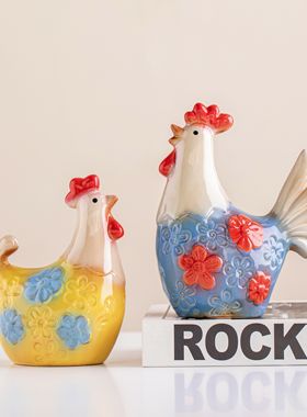 三色花中式彩陶鸡摆件办公室客厅玄关电视柜桌面镇宅小鸡吉祥物