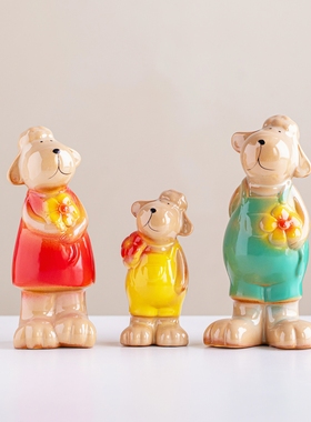 景德镇创意陶瓷背带小羊家居装饰桌面一家三口客厅电视柜动物摆件