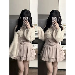 半裙两件套冬季 清楚系甜妹可爱温柔风露肩上衣 新款 露肩星褶