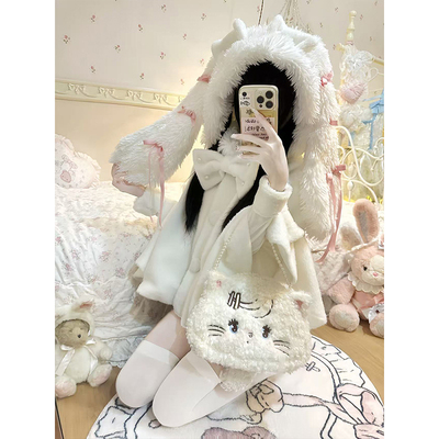 兔耳朵可爱短款斗篷毛呢外套