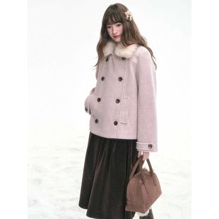 粉色信件 韩系甜美可拆毛领双排扣夹棉毛呢外套2025简约气质大衣