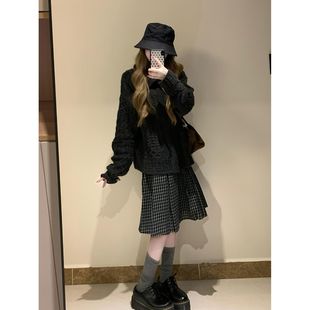 两件套冬 格纹半身裙套装 糯感沉灰 复古简约碳灰色针织上衣开衫