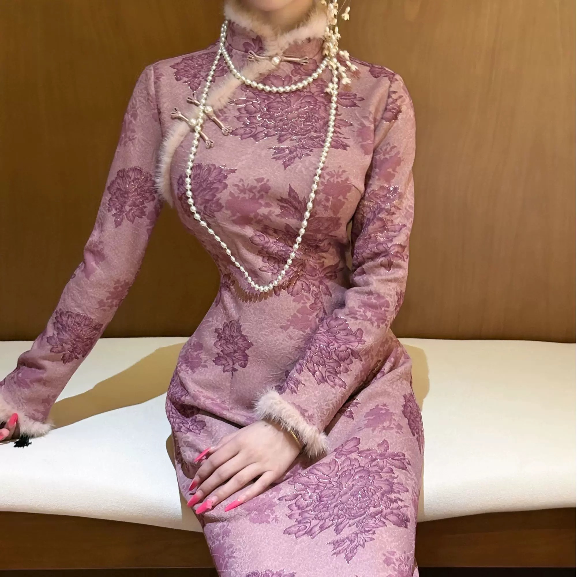 鹿禾 自制厚款针织水貂毛秋冬旗袍 牡丹珠帘旗袍