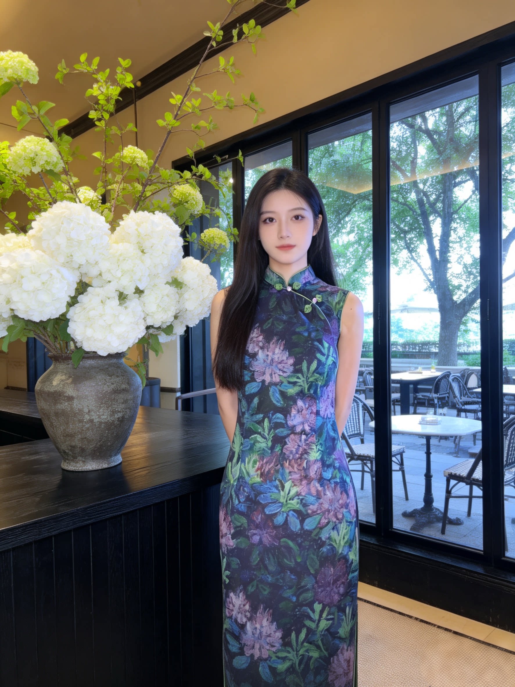 鹿禾自制晚芍春夏款新款花色后拉链无袖显白修身温婉旗袍