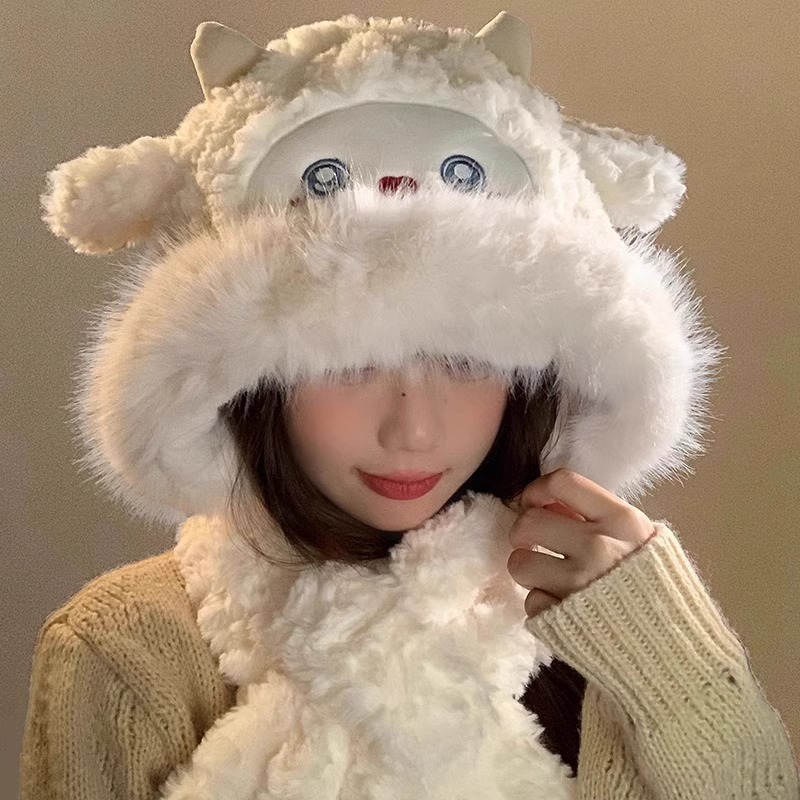 冬季新款可爱小绵羊毛绒帽女帽子围巾一体加厚防寒保暖甜美雷锋帽