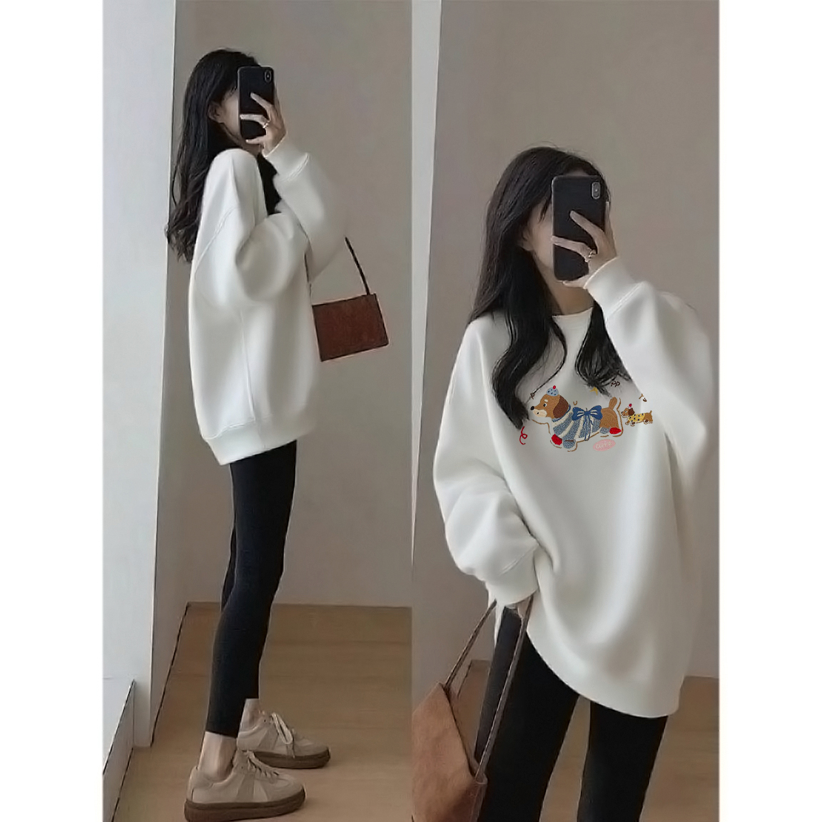 中长款白色加绒卫衣女2025秋冬季新款套头宽松遮屁股卡通印花上衣