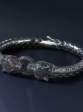 帕帕斯土耳其小众轻奢感双头猎豹手链男款满钻豹头仿银手镯