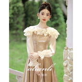 晚礼服女轻奢小众高端高级感长袖 香槟色订婚连衣裙日常可穿成人礼
