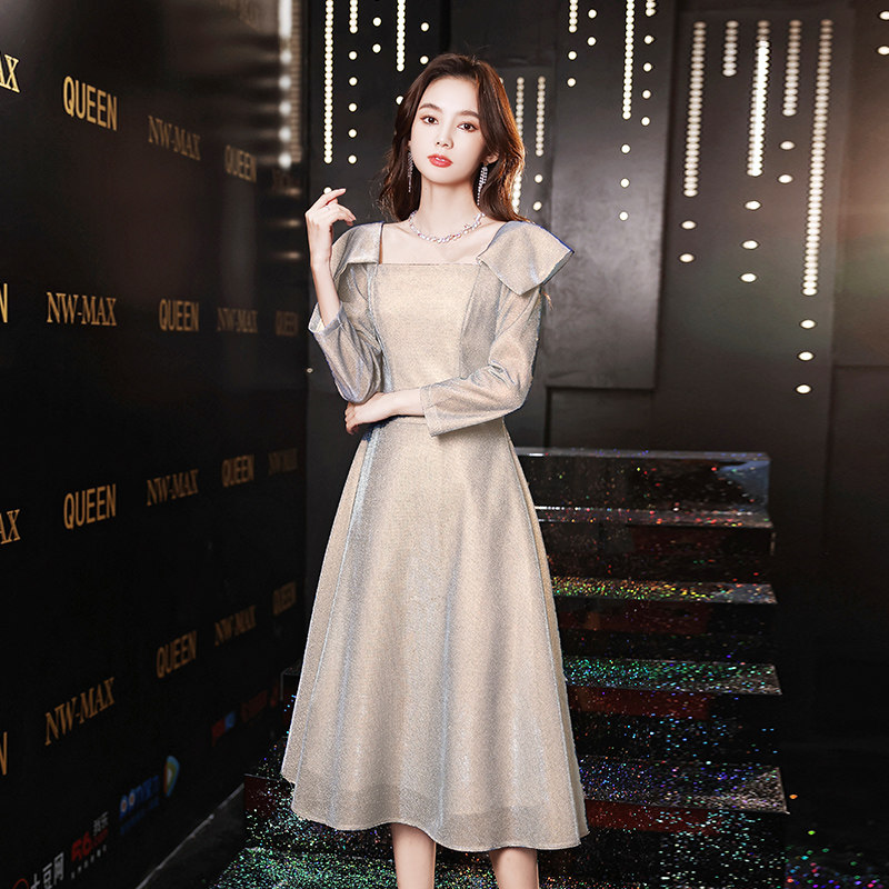 晚礼服女宴会气质冬季轻奢小众高端年会伴娘服香槟色生日裙高级感