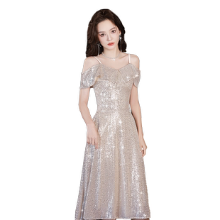 晚礼服女宴会轻奢小众高端法式高级感主持人香槟金连衣裙端庄大气