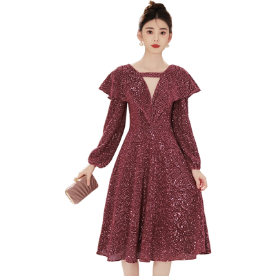 阿莲莉赫本风飞飞袖亮片晚礼服女