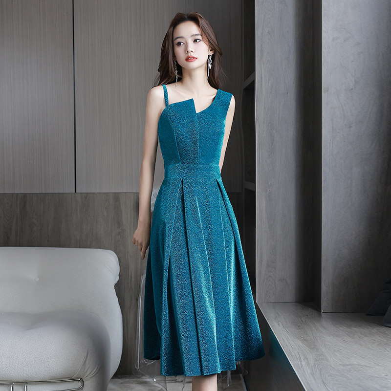 晚礼服女宴会轻奢小众高端高级感主持人端庄大气订婚蓝色连衣裙