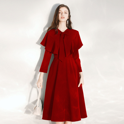 敬酒服新娘酒红色赫本风小个子红裙婚礼结婚当天便装披肩晚礼服女