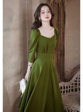 晚礼服女宴会气质轻奢小众高端高级感小个子长袖订婚墨绿色连衣裙