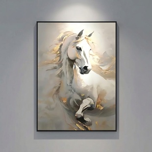 马到功成简约现代金色白马手绘油画客厅装饰画唯美风动物挂画