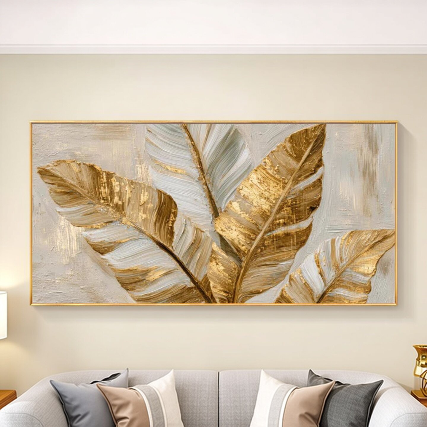 简约现代手绘金色叶子油画客厅玄关装饰画高级感挂画