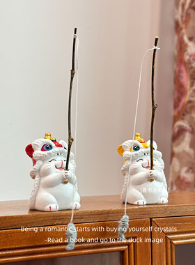 「无聊了 看招财醒狮猫钓鱼」招财创意阳台装饰造景桌面摆件礼物