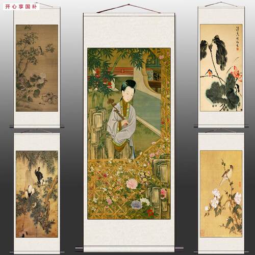 工笔仕女思s春名家字画白头富贵花鸟字画酒店玄关挂画水墨荷花挂